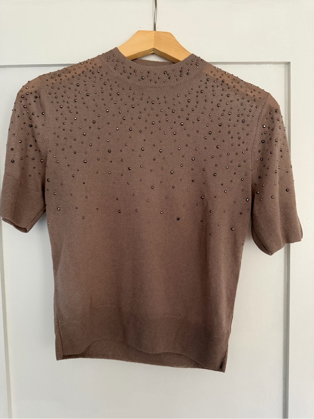 Zara Mauve-Brown Beaded Short-Sleeve Knit Top